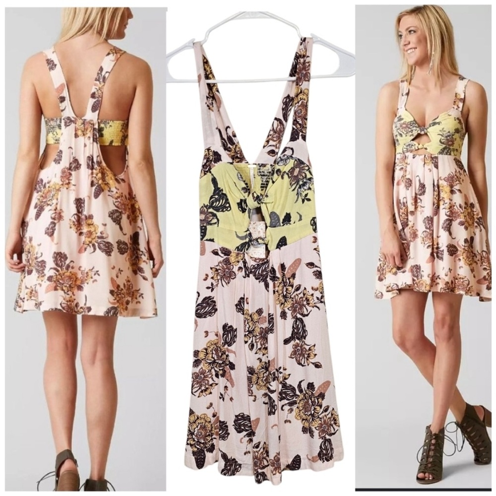 Free People Baby It’s You Floral Tie-Front Mini Dress in Pale Pink and Yellow